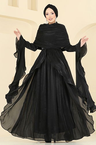 moda selvim SUAL Drape Detaylı Fırfırlı Abiye 5398DMNK1166 Siyah - Thumbnail