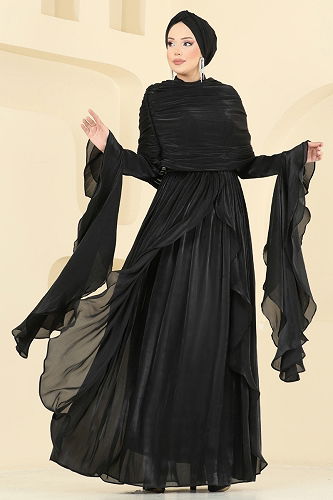 moda selvim SUAL Drape Detaylı Fırfırlı Abiye 5398DMNK1166 Siyah - Thumbnail