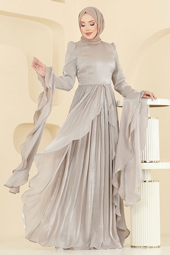 moda selvim SUAL Drape Detaylı Fırfırlı Abiye 5398DMNK1166 Taş - Thumbnail