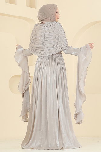 moda selvim SUAL Drape Detaylı Fırfırlı Abiye 5398DMNK1166 Taş - Thumbnail