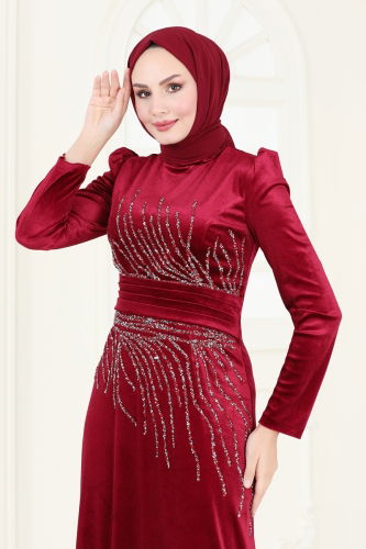 moda selvim SUAL Drape Detaylı Kadife Abiye 4345D170 Bordo - Thumbnail