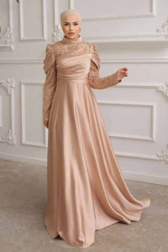 moda selvim SUAL Drape Detaylı Saten Abiye 4372D170 Vizyon - Thumbnail