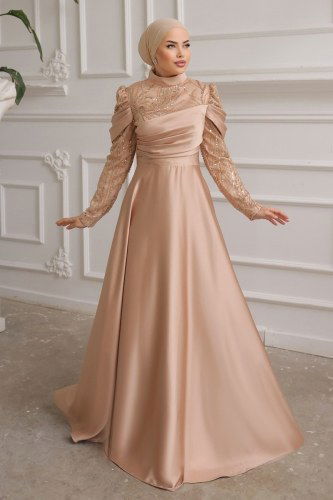 moda selvim SUAL Drape Detaylı Saten Abiye 4372D170 Vizyon - Thumbnail