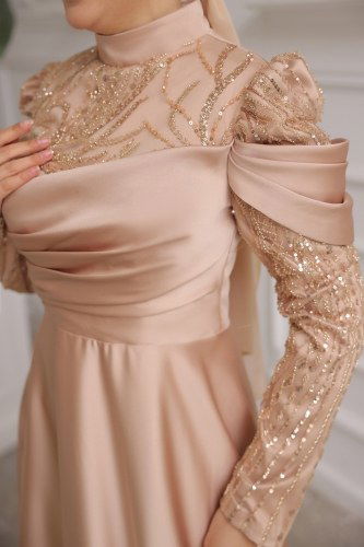 moda selvim SUAL Drape Detaylı Saten Abiye 4372D170 Vizyon - Thumbnail