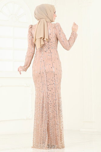 moda selvim SUAL Drapeli İşlemeli Abiye 4929D170 Gold - Thumbnail