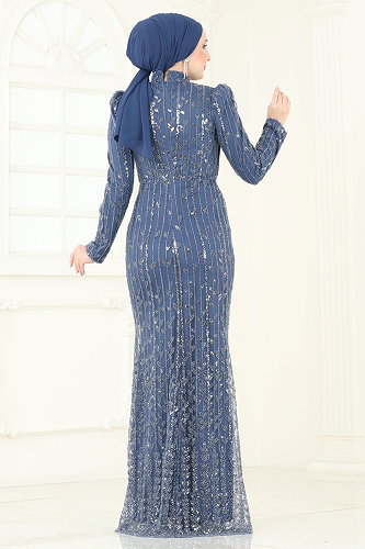 moda selvim SUAL Drapeli İşlemeli Abiye 4929D170 İndigo - Thumbnail