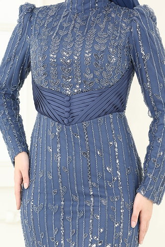 moda selvim SUAL Drapeli İşlemeli Abiye 4929D170 İndigo - Thumbnail