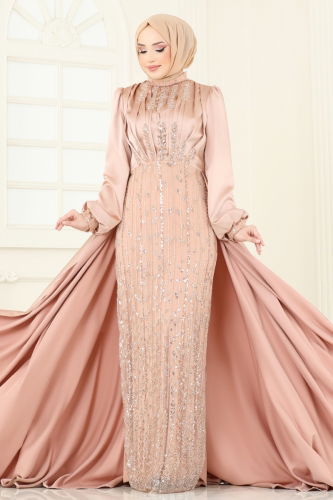 moda selvim SUAL Drapeli Pelerin Abiye 4928D170 Gold - Thumbnail