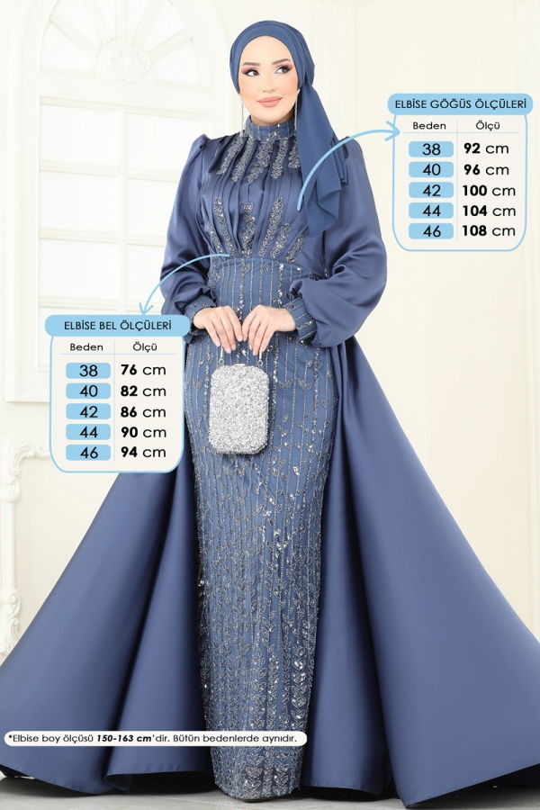 Modaselvim SUAL SUAL Drapeli Pelerin Abiye 4928D170 İndigo