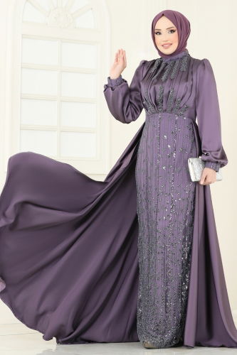 SUAL Drapeli Pelerin Abiye 4928D170 Koyu Lila