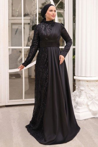 moda selvim SUAL Drapeli Saten Abiye 4479D170 Siyah - Thumbnail