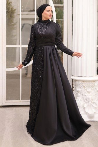 moda selvim SUAL Drapeli Saten Abiye 4479D170 Siyah - Thumbnail