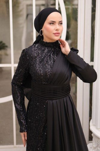 moda selvim SUAL Drapeli Saten Abiye 4479D170 Siyah - Thumbnail