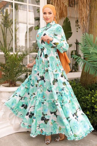 moda selvim SUAL Eteği Fırfırlı Atlas Elbise 23120JNF844 Mint - Thumbnail
