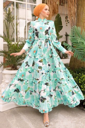 moda selvim SUAL Eteği Fırfırlı Atlas Elbise 23120JNF844 Mint - Thumbnail