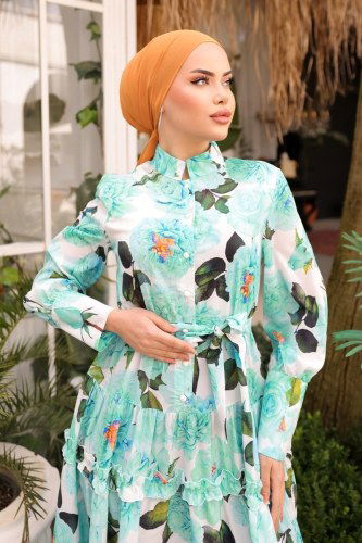 moda selvim SUAL Eteği Fırfırlı Atlas Elbise 23120JNF844 Mint - Thumbnail