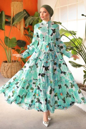 moda selvim SUAL Eteği Fırfırlı Atlas Elbise 23120JNF844 Mint - Thumbnail