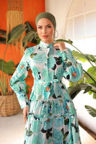 moda selvim SUAL Eteği Fırfırlı Atlas Elbise 23120JNF844 Mint - Thumbnail