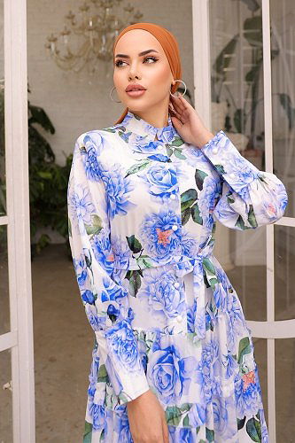 moda selvim SUAL Eteği Fırfırlı Atlas Elbise 23120JNF844 Saks - Thumbnail