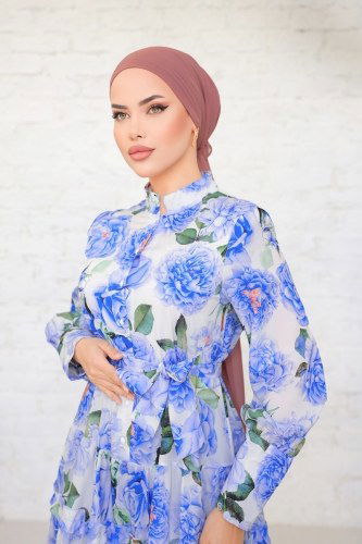 moda selvim SUAL Eteği Fırfırlı Atlas Elbise 23120JNF844 Saks - Thumbnail
