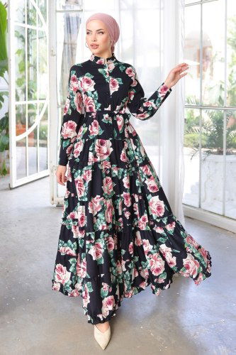 moda selvim SUAL Eteği Fırfırlı Atlas Elbise 23120JNF844 Siyah - Thumbnail