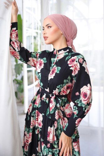 moda selvim SUAL Eteği Fırfırlı Atlas Elbise 23120JNF844 Siyah - Thumbnail