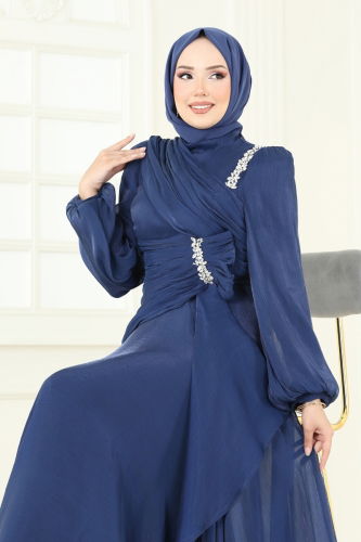 moda selvim SUAL Eteği Volanlı Taşlı Abiye 5164D170 Laci - Thumbnail