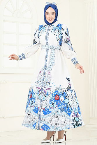 moda selvim SUAL Etnik Desen Atlas Elbise 4256JNF844 Saks - Thumbnail