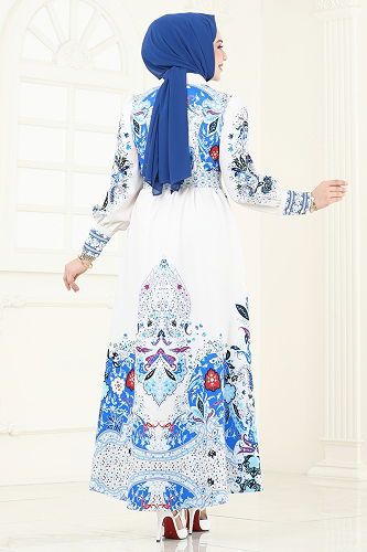 moda selvim SUAL Etnik Desen Atlas Elbise 4256JNF844 Saks - Thumbnail