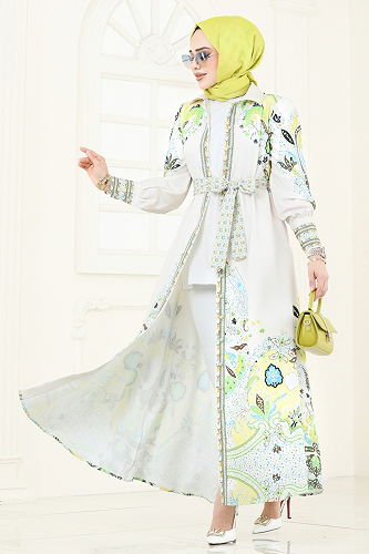 moda selvim SUAL Etnik Desen Atlas Elbise 4256JNF844 Sarı - Thumbnail