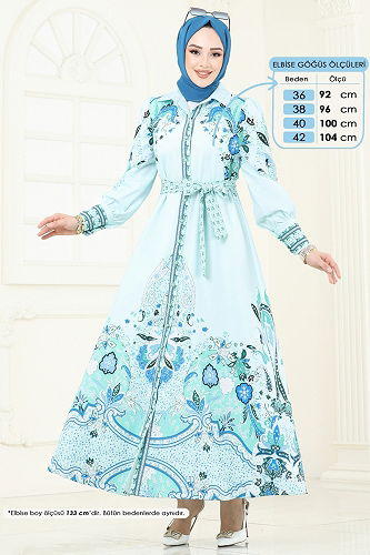 moda selvim SUAL Etnik Desen Atlas Elbise 4256JNF844 Su Yeşili - Thumbnail