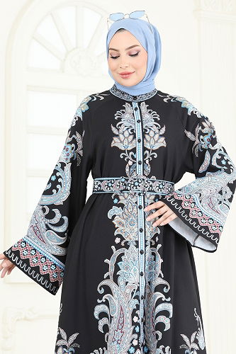 moda selvim SUAL Etnik Desen Tesettür Elbise 4235JNF844 İndigo&Siyah - Thumbnail