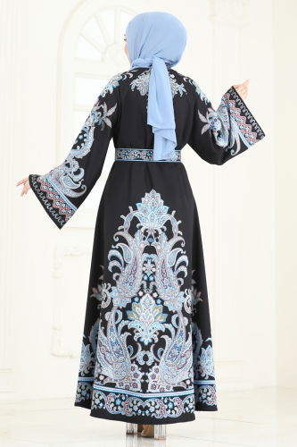 moda selvim SUAL Etnik Desen Tesettür Elbise 4235JNF844 İndigo&Siyah - Thumbnail