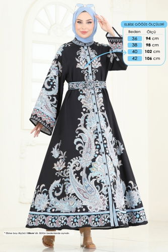 moda selvim SUAL Etnik Desen Tesettür Elbise 4235JNF844 İndigo&Siyah - Thumbnail