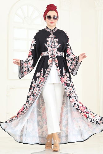 moda selvim SUAL Etnik Desen Tesettür Elbise 4235JNF844 Nar Çiçeği&Siyah - Thumbnail