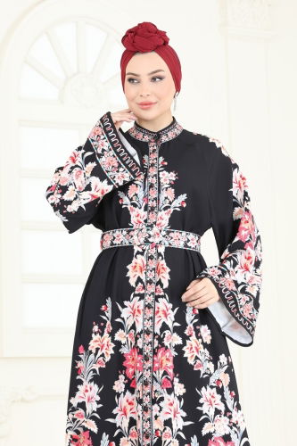 moda selvim SUAL Etnik Desen Tesettür Elbise 4235JNF844 Nar Çiçeği&Siyah - Thumbnail