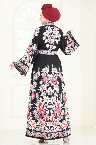 moda selvim SUAL Etnik Desen Tesettür Elbise 4235JNF844 Nar Çiçeği&Siyah - Thumbnail