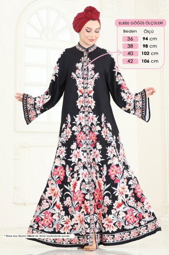 moda selvim SUAL Etnik Desen Tesettür Elbise 4235JNF844 Nar Çiçeği&Siyah - Thumbnail