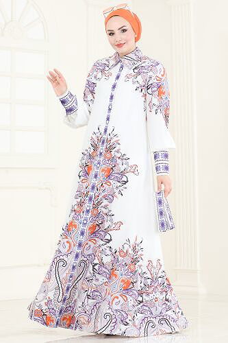 moda selvim SUAL Etnik Desenli Elbise 42105JNF844 Desen 1 Oranj - Thumbnail