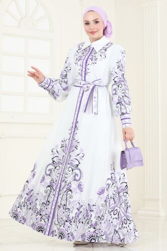 moda selvim SUAL Etnik Desenli Elbise 42105JNF844 Desen2 Lila - Thumbnail