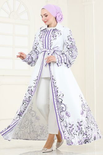 moda selvim SUAL Etnik Desenli Elbise 42105JNF844 Desen2 Lila - Thumbnail