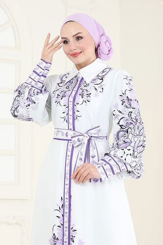 moda selvim SUAL Etnik Desenli Elbise 42105JNF844 Desen2 Lila - Thumbnail