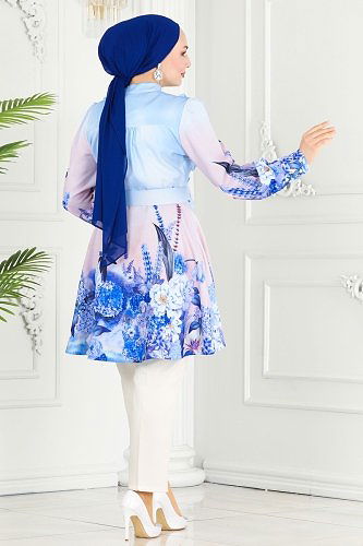 moda selvim SUAL Fırfır Detaylı Tunik 2415JNF844 Saks - Thumbnail