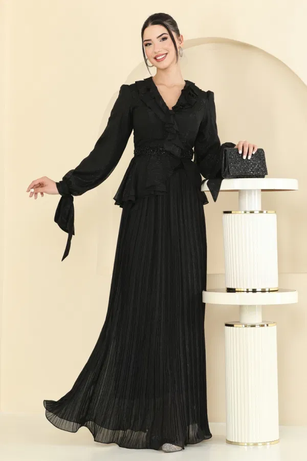 Modaselvim SUAL SUAL Fırfırlı Janjan Abiye Takım 5361DMNK1166 Siyah