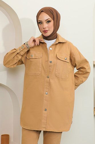 moda selvim SUAL Gömlek Yaka Kot Takım 8175BRZ597 Latte - Thumbnail