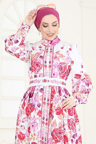 moda selvim SUAL Gül Desenli Atlas Elbise 4246JNF844 Ekru - Thumbnail