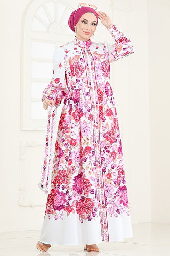 moda selvim SUAL Gül Desenli Atlas Elbise 4246JNF844 Ekru - Thumbnail