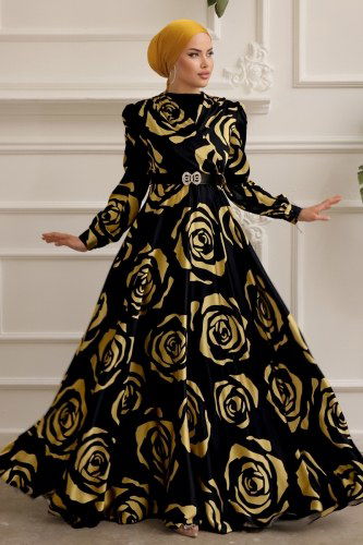 moda selvim SUAL Gül Desenli Saten Abiye 4016D170 Siyah&Hardal - Thumbnail