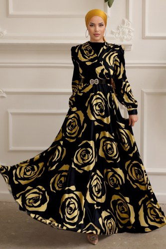 moda selvim SUAL Gül Desenli Saten Abiye 4016D170 Siyah&Hardal - Thumbnail