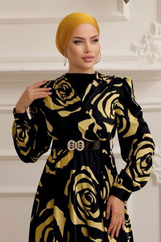 moda selvim SUAL Gül Desenli Saten Abiye 4016D170 Siyah&Hardal - Thumbnail